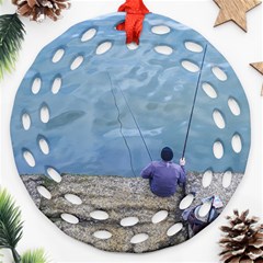 Senior Man Fishing At River, Montevideo, Uruguay001 Ornament (round Filigree) by dflcprintsclothing