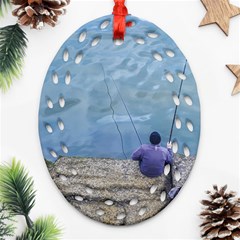 Senior Man Fishing At River, Montevideo, Uruguay001 Ornament (oval Filigree) by dflcprintsclothing