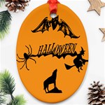 Happy Halloween Scary Funny Spooky Logo Witch On Broom Broomstick Spider Wolf Bat Black 8888 Black A Oval Ornament (Two Sides) Back