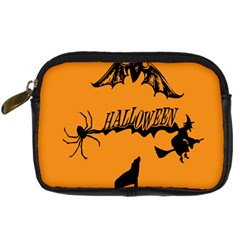 Happy Halloween Scary Funny Spooky Logo Witch On Broom Broomstick Spider Wolf Bat Black 8888 Black A Digital Camera Leather Case by HalloweenParty