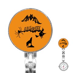 Happy Halloween Scary Funny Spooky Logo Witch On Broom Broomstick Spider Wolf Bat Black 8888 Black A Stainless Steel Nurses Watch by HalloweenParty