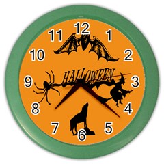 Happy Halloween Scary Funny Spooky Logo Witch On Broom Broomstick Spider Wolf Bat Black 8888 Black A Color Wall Clock by HalloweenParty