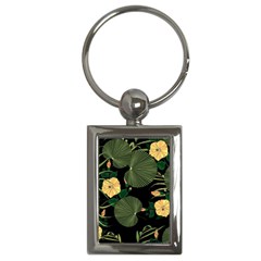 Tropical Vintage Yellow Hibiscus Floral Green Leaves Seamless Pattern Black Background  Key Chain (rectangle) by Sobalvarro