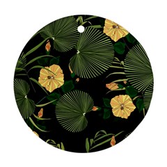 Tropical Vintage Yellow Hibiscus Floral Green Leaves Seamless Pattern Black Background  Round Ornament (two Sides) by Sobalvarro