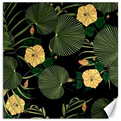 Tropical Vintage Yellow Hibiscus Floral Green Leaves Seamless Pattern Black Background  Canvas 20  X 20  by Sobalvarro