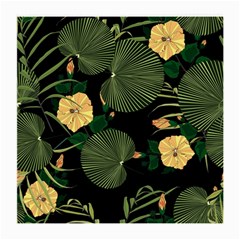 Tropical Vintage Yellow Hibiscus Floral Green Leaves Seamless Pattern Black Background  Medium Glasses Cloth by Sobalvarro