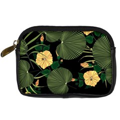 Tropical Vintage Yellow Hibiscus Floral Green Leaves Seamless Pattern Black Background  Digital Camera Leather Case by Sobalvarro