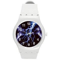 Blue Thunder At Night, Colorful Lightning Graphic Round Plastic Sport Watch (m) by picsaspassion