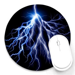 Blue Lightning At Night, Modern Graphic Art  Round Mousepads by picsaspassion