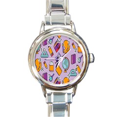 Back To School And Schools Out Kids Pattern Round Italian Charm Watch by DinzDas