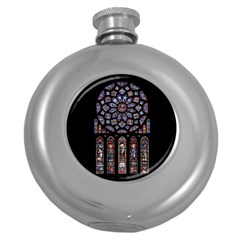 Chartres-cathedral-notre-dame-de-paris-amiens-cath-stained-glass Round Hip Flask (5 Oz) by Sudhe