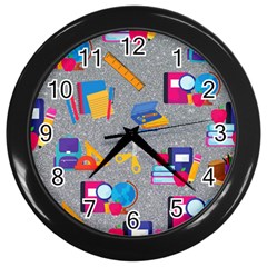 80s And 90s School Pattern Wall Clock (black) by NerdySparkleGoth