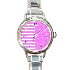 Saturated Pink Lines And Stars Pattern, Geometric Theme Round Italian Charm Watch by Casemiro