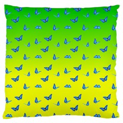 Blue Butterflies At Yellow And Green, Two Color Tone Gradient Large Flano Cushion Case (one Side) by Casemiro