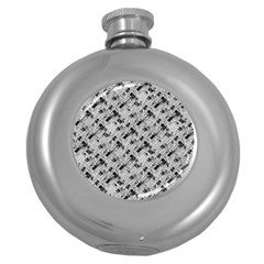 8 Bit Newspaper Pattern, Gazette Collage Black And White Round Hip Flask (5 Oz) by Casemiro