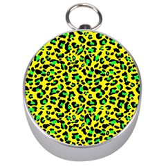 Yellow And Green, Neon Leopard Spots Pattern Silver Compasses by Casemiro