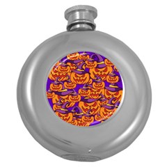 Purple And Orange Pumpkins, Crazy Halloween Pattern, Jack O  Lantern Round Hip Flask (5 Oz) by Casemiro