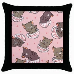 Seamless Pattern Adorable Cat Inside Cup Throw Pillow Case (black) by Jancukart