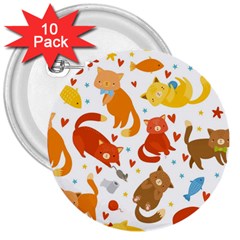 Seamless Pattern With Kittens White Background 3  Buttons (10 Pack)  by Jancukart