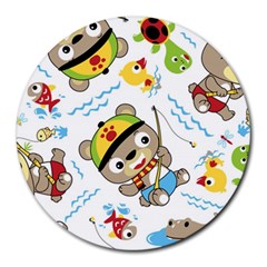 Vector-seamless-pattern-cute-fishing-animals-cartoon Round Mousepads by Jancukart