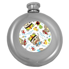 Vector-seamless-pattern-cute-fishing-animals-cartoon Round Hip Flask (5 Oz) by Jancukart