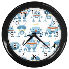 Seamless Pattern With Funny Robot Cartoon Wall Clock (black) by Jancukart