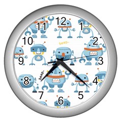 Seamless Pattern With Funny Robot Cartoon Wall Clock (silver) by Jancukart