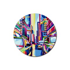 City-street-car-road-architecture Rubber Round Coaster (4 Pack) by Jancukart