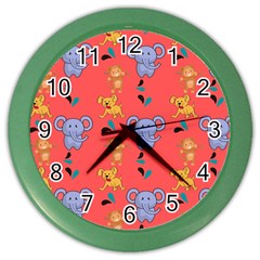 Illustration Elephant Cartoon Animal Monkey Color Wall Clock by danenraven