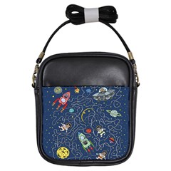 Illustration Cat Space Astronaut Rocket Maze Girls Sling Bag by Ravend