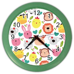 Cute Animals Cartoon Seamless Background Color Wall Clock by danenraven