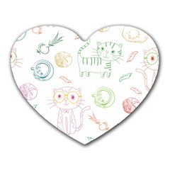 Cats And Food Doodle Seamless Pattern Heart Mousepad by danenraven