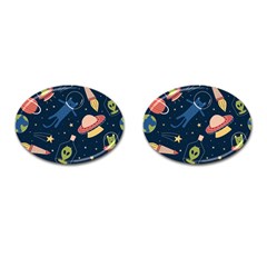 Seamless Pattern With Funny Alien Cat Galaxy Cufflinks (oval) by Wegoenart