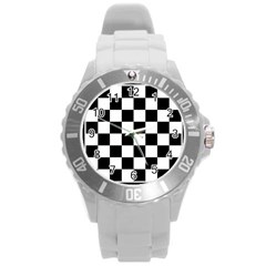 Chess Board Background Design Round Plastic Sport Watch (l) by Wegoenart
