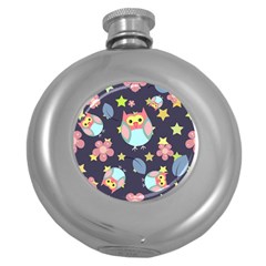 Owl Star Pattern Background Round Hip Flask (5 Oz) by Wegoenart