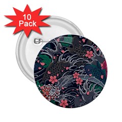 Japanese Wave Koi Illustration Seamless Pattern 2 25  Buttons (10 Pack)  by Wegoenart