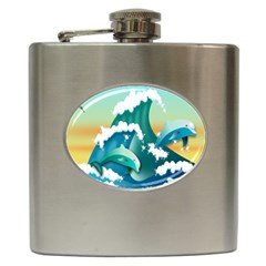 Dolphin Seagull Sea Ocean Wave Hip Flask (6 Oz) by Wegoenart