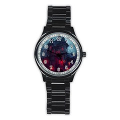 Haunted House Halloween Cemetery Moonlight Stainless Steel Round Watch by Pakemis