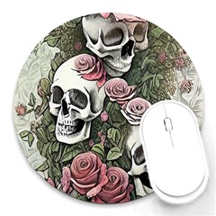 Skulls Roses Wallpaper Garden Artwork Round Mousepad by Pakemis