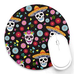 Day Dead Skull With Floral Ornament Flower Seamless Pattern Round Mousepad by Pakemis