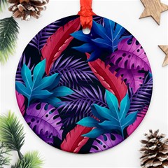 Background With Violet Blue Tropical Leaves Ornament (round) by Pakemis