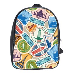 Travel Pattern Immigration Stamps Stickers With Historical Cultural Objects Travelling Visa Immigran School Bag (large) by Pakemis