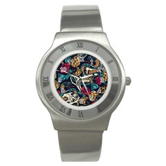Vintage Art Tattoos Colorful Seamless Pattern Stainless Steel Watch by Pakemis