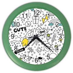 Set Cute Colorful Doodle Hand Drawing Color Wall Clock by Pakemis