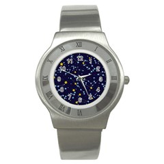 Seamless Pattern With Cartoon Zodiac Constellations Starry Sky Stainless Steel Watch by Pakemis