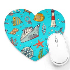 Colored-sketched-sea-elements-pattern-background-sea-life-animals-illustration Heart Mousepad by Pakemis