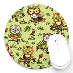 Seamless-pattern-with-flowers-owls Round Mousepad by Pakemis