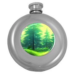 Anime Forrest Nature Fantasy Sunset Trees Woods Round Hip Flask (5 Oz) by Uceng