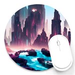 Urban City Cyberpunk River Cyber Tech Future Round Mousepad Front