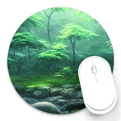 River Forest Woods Nature Rocks Japan Fantasy Round Mousepad by Uceng